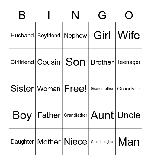 Family Vocabulary Bingo Card