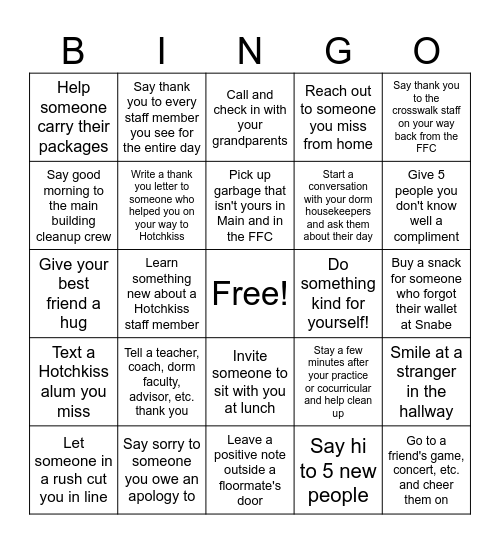 National Random Acts of Kindness Day! Bingo Card