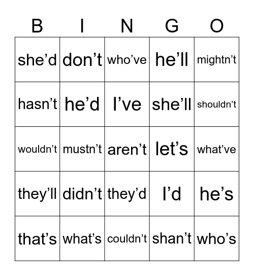 Contractions BINGO Card