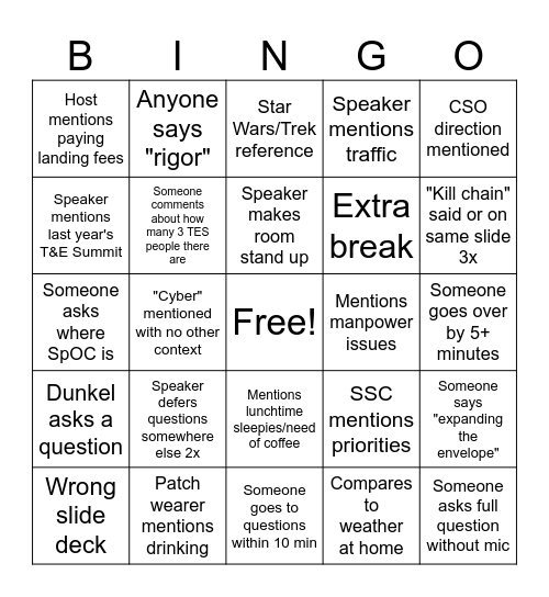 T&E Summit BINGO Card