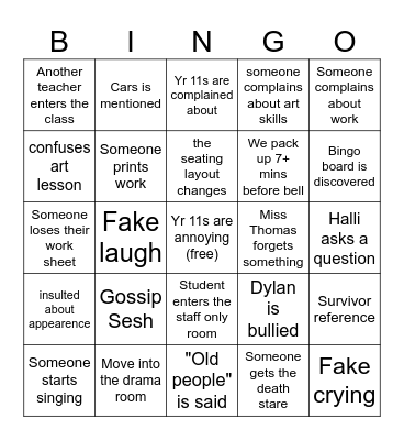 Visual Art Bingo Card