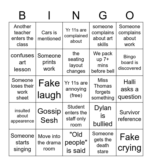 Visual Art Bingo Card