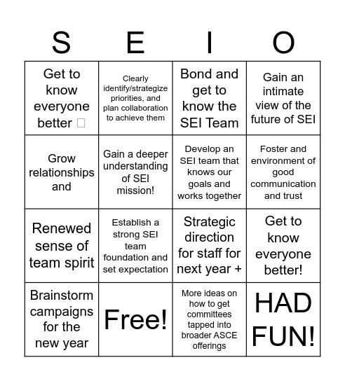 SEI-O Bingo Card