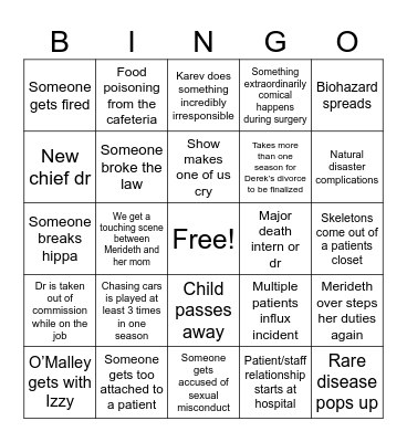 Season 2 Greys Anatomy Bingo Card