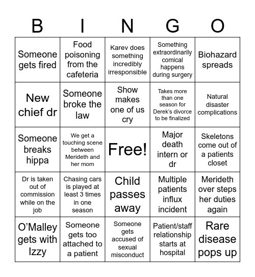 Season 2 Greys Anatomy Bingo Card