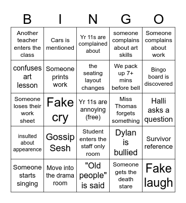 Visual Art Bingo Card