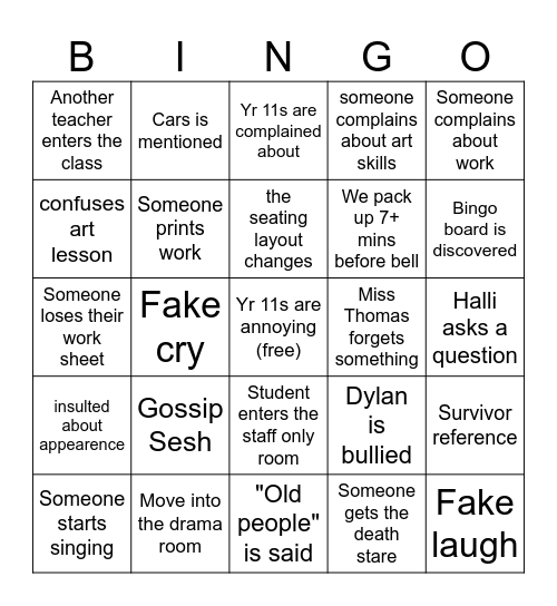 Visual Art Bingo Card