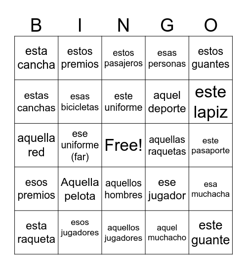 Adjetivos Demonstrativos Bingo Card