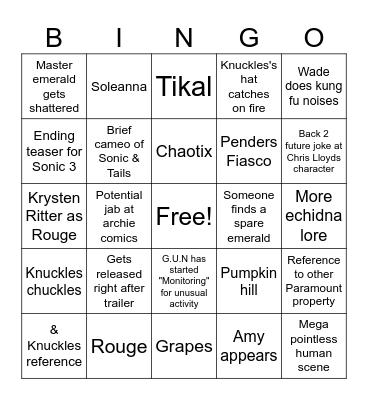 Paramount Knuckles series bingo Card