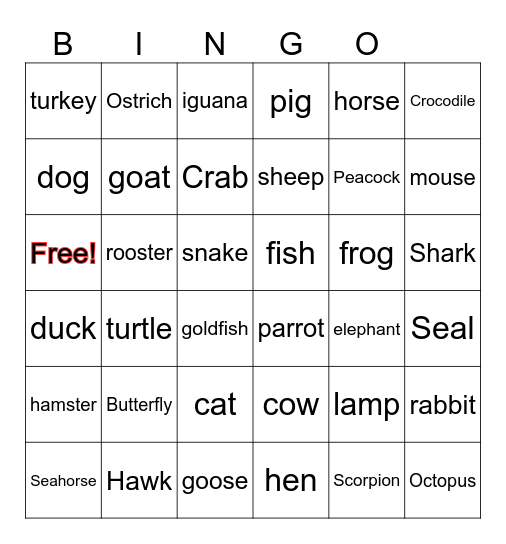 animals  Bingo Card