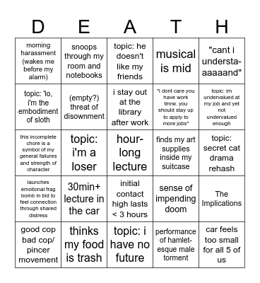 parental visit Bingo Card