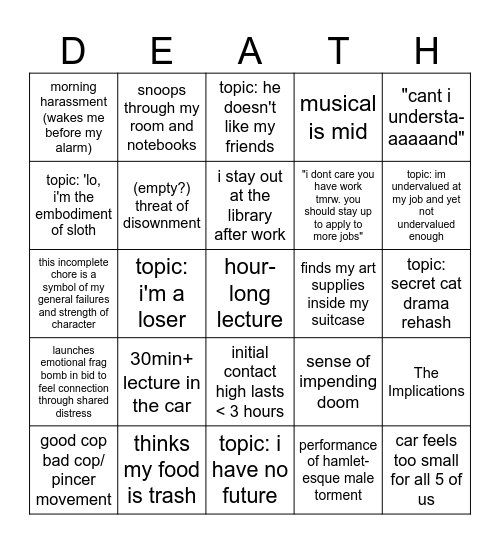 parental visit Bingo Card