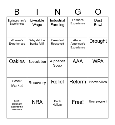 New Deal Review Bingo Card