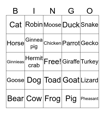 Animals Bingo Card