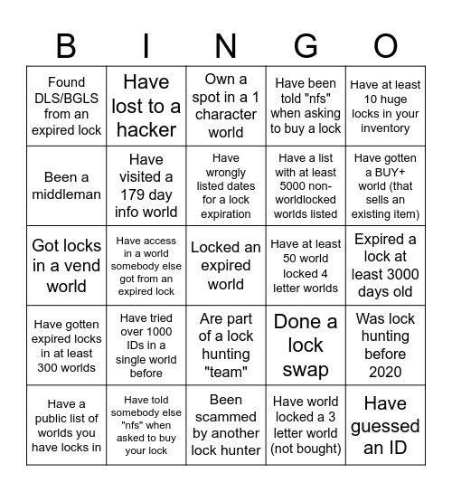 Lock Hunter Bingo Card