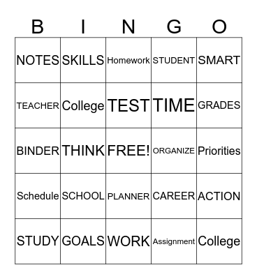 Study Skills Bingo Card