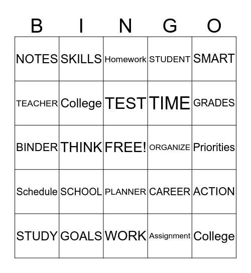 Study Skills Bingo Card