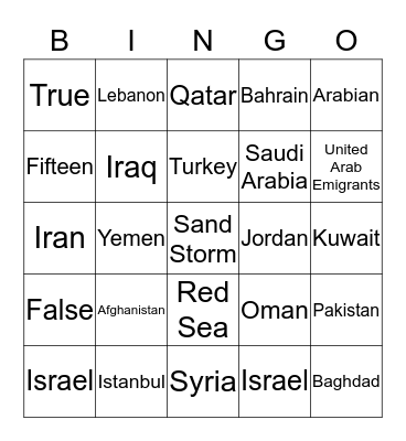 Middle East Bingo Card