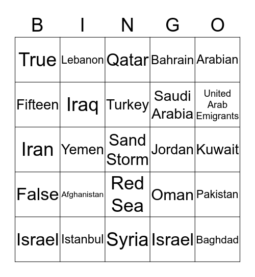 Middle East Bingo Card