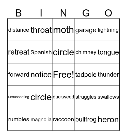 Bullfrog at Magnolia Circle Bingo Card