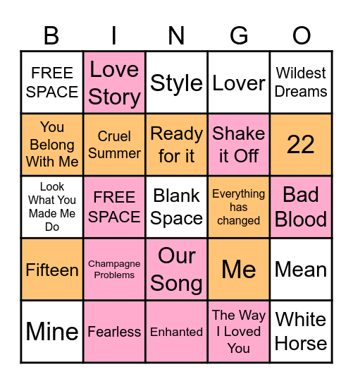 Taylor Swift Bingo Card