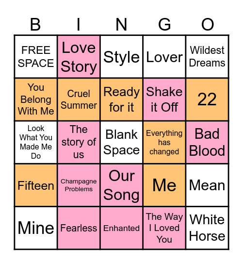 Taylor Swift Bingo Card