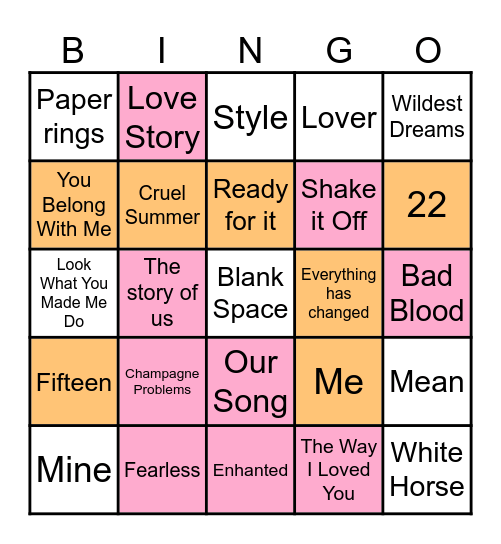 Taylor Swift Bingo Card