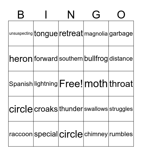 Bullfrog at Magnolia Circle * Bingo Card