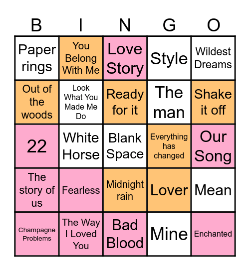 Taylor Swift Bingo Card