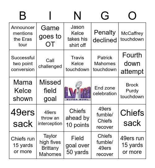 Super Bowl Bingo Card