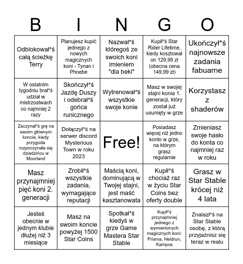 Star Stable Bingo - made by Mysterious Town Bingo Card