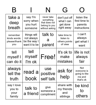 My coping skills Bingo Card