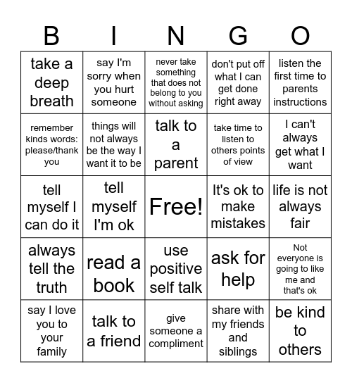 My coping skills Bingo Card