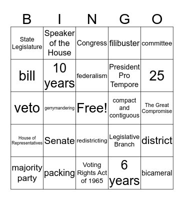 Legislative Branch Bingo Card