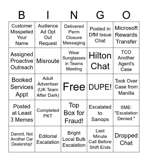 UK Team Bingo Card