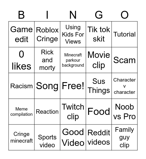 YouTube shorts Bingo Card