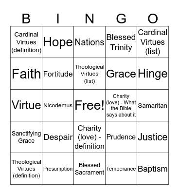 Chapter 18: Living Faith in Jesus, Virtues Bingo Card