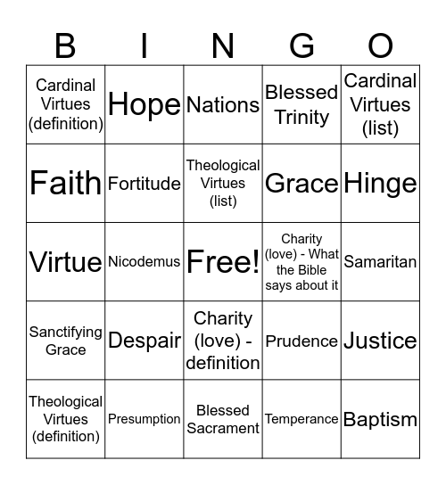 Chapter 18: Living Faith in Jesus, Virtues Bingo Card