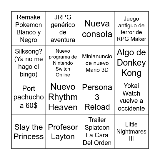 Nintendo Direct Bingo Card