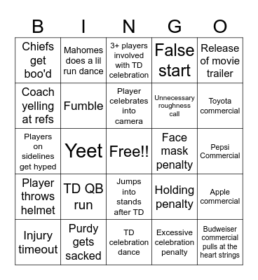 Super Bowl LVIII Bingo Card