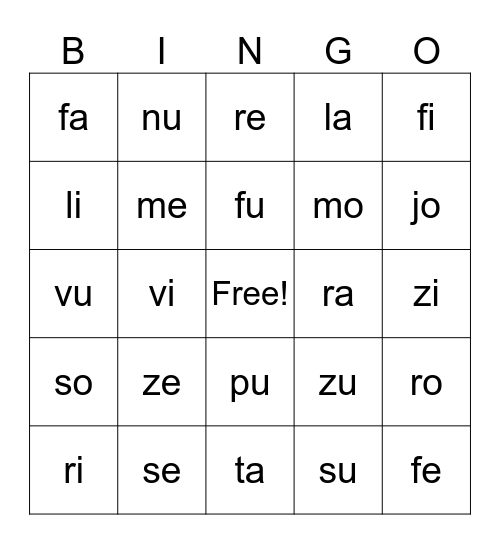 Bingo des syllabes Bingo Card