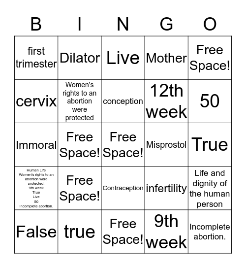 Abortion is Immoral Bingo Card