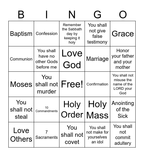 10 Commandements/ 7 Sacraments  Bingo Card