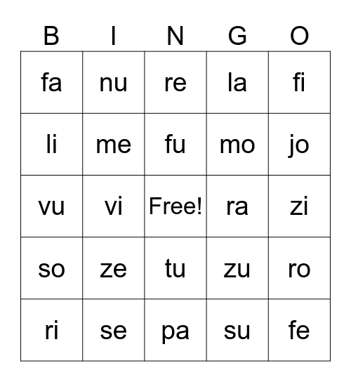Bingo des syllabes Bingo Card