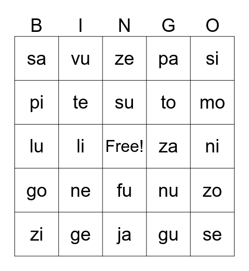 Bingo des syllbes Bingo Card