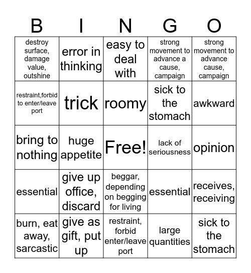 Unit 12 Bingo Card
