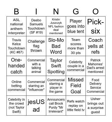 Superbowl Bingo Card