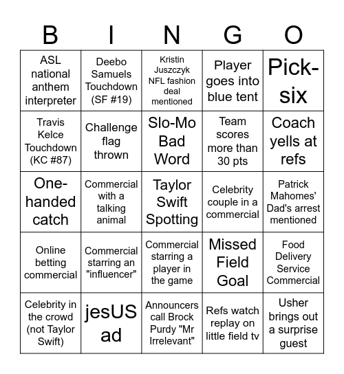 Superbowl Bingo Card