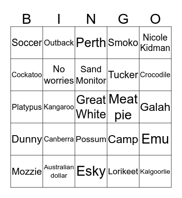 Aussie Bingo! Bingo Card