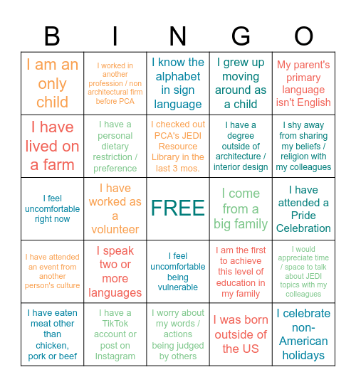 JEDI - Identity & Intersectionality Bingo Card
